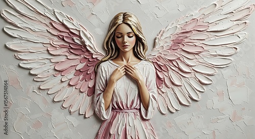 Ai generated image of a beautiful angel with wings stands in front of a textured wall