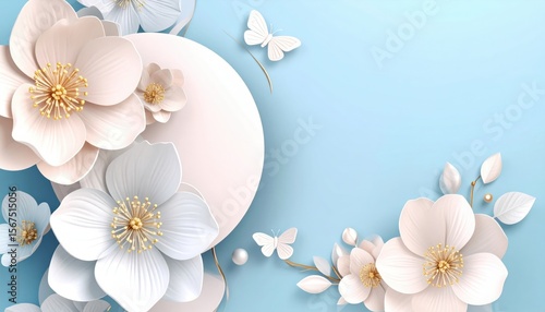 Delicate floral arrangement with butterflies soft blue background digital illustration serene environment close-up view nature and beauty concept
