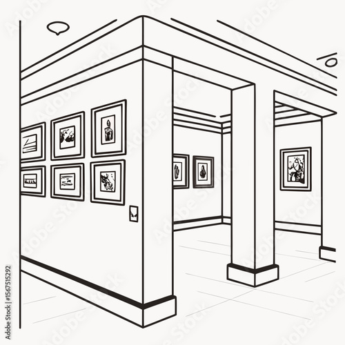 Art gallery interior with framed artworks on walls and pillars exhibition framed pictures