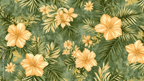 Artistic Floral Arrangement of Hibiscus and Palm Leaves on Textu