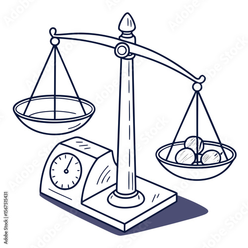 Balance scale with coins and dial weighing justice
