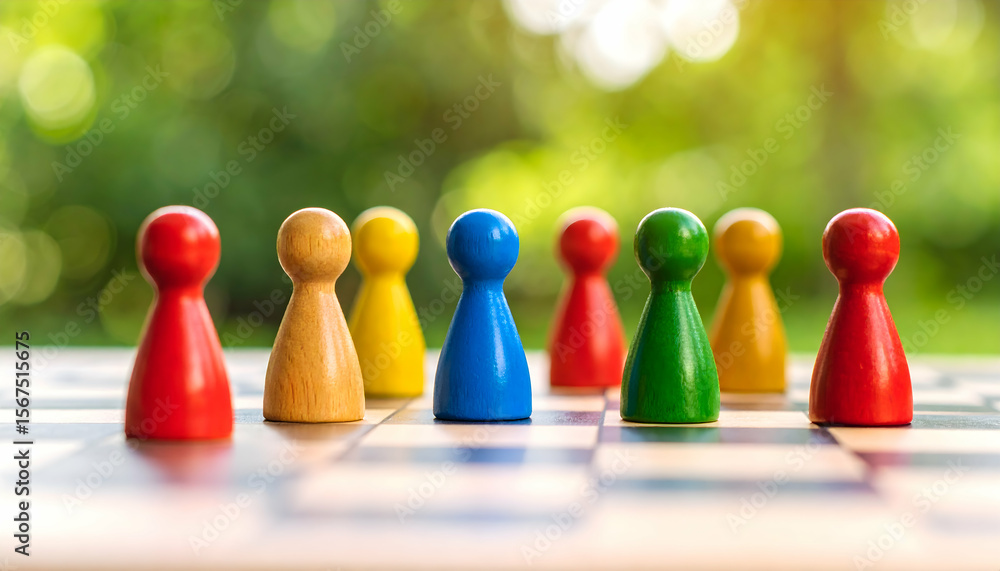 Colorful game pieces on board game. Colorful game pieces on board game.