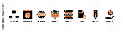 Web hosting banner web icon vector illustration concept with icon of provider, webspace, domain, website, server, data, traffic and service
