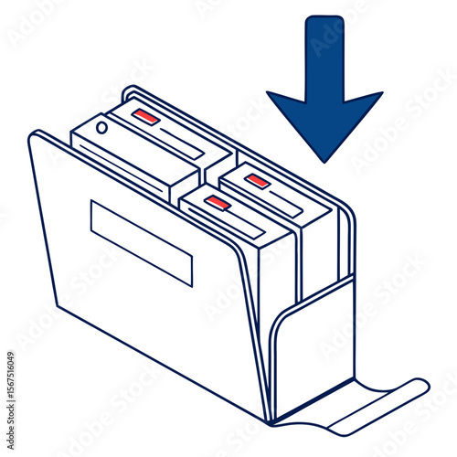 Blue arrow points to stacked items in a holder pointing down