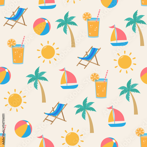 This cheerful seamless pattern features summer icons like sun, beach balls, palm trees, cocktails, boats, and deck chairs. Perfect for summer-themed designs, textiles, and web backgrounds.
