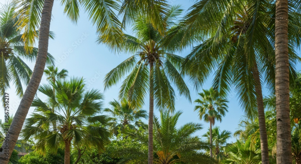 Fototapeta premium Lush tropical palm trees against bright sky