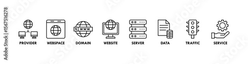 Web hosting banner web icon vector illustration concept with icon of provider, webspace, domain, website, server, data, traffic and service