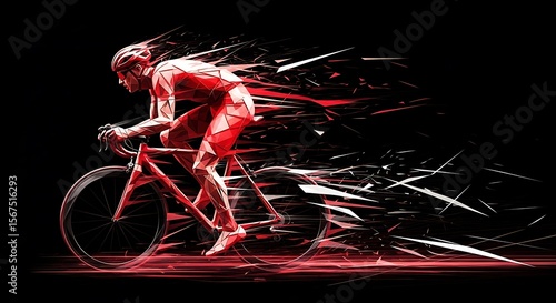 Ai generated image of a cyclist in red is riding with great speed and motion