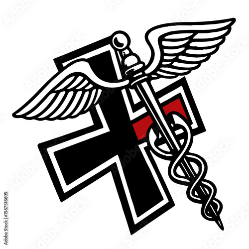 Caduceus Symbol Over Iron Cross medical symbol staff of hermes