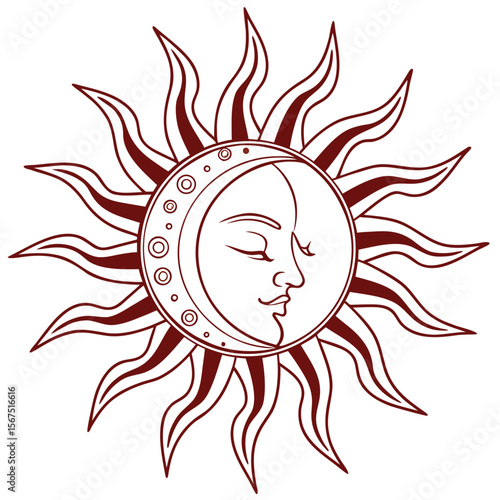 Celestial sun and moon face with wavy rays cosmic