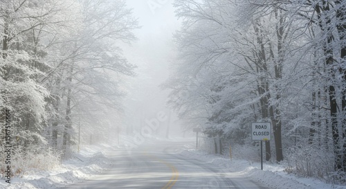 Snowy road through trees