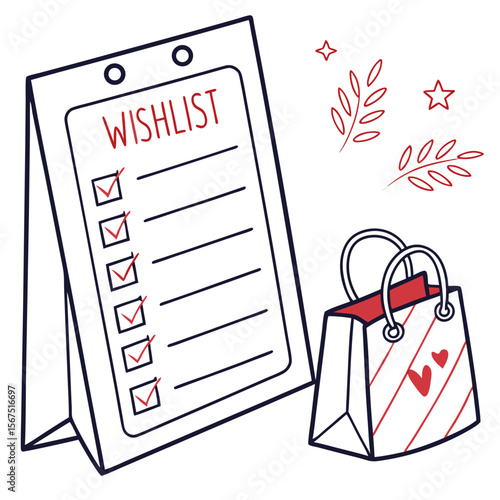 Checklist with completed items and shopping bag wishlist red hearts