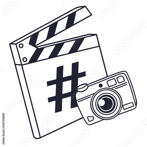 Clapperboard camera and hashtag symbol illustration movie