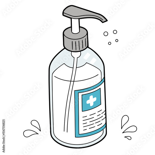 Clear bottle with pump dispenser and blue medical symbol hand sanitizer