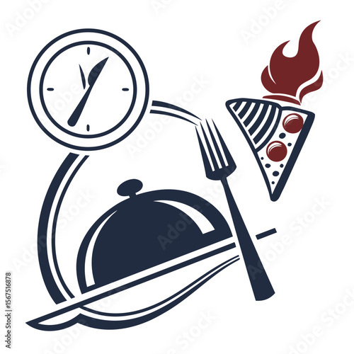 Clock pizza and covered dish with fork food time