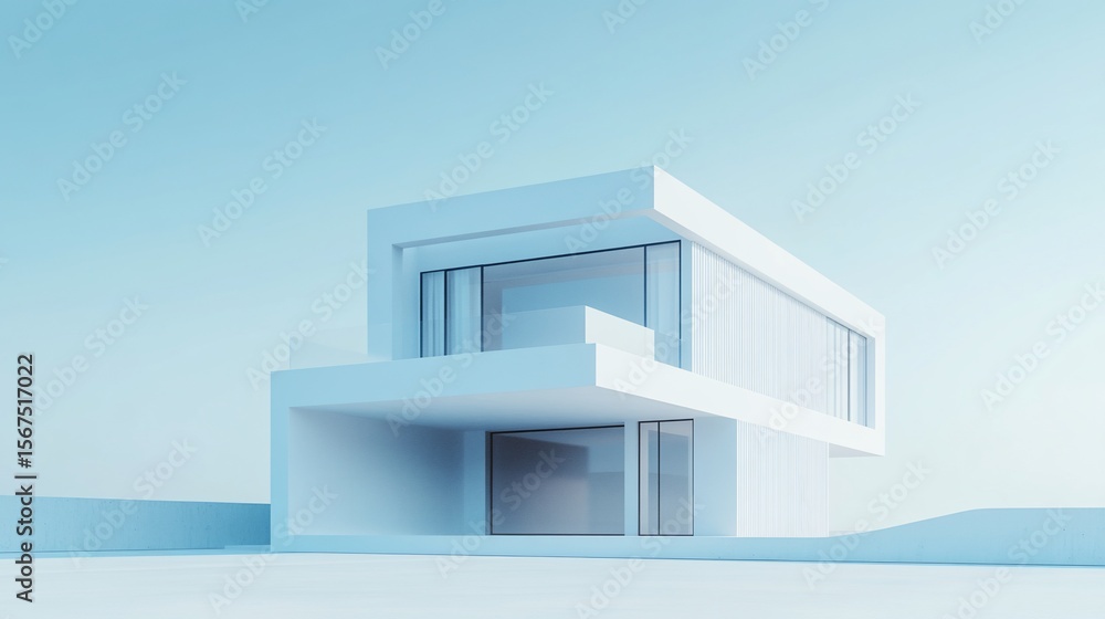 Modern Minimalist Architecture, Contemporary White House Design on Light Blue Background Modern Minimalist Architecture, Contemporary White House Design on Light Blue Background