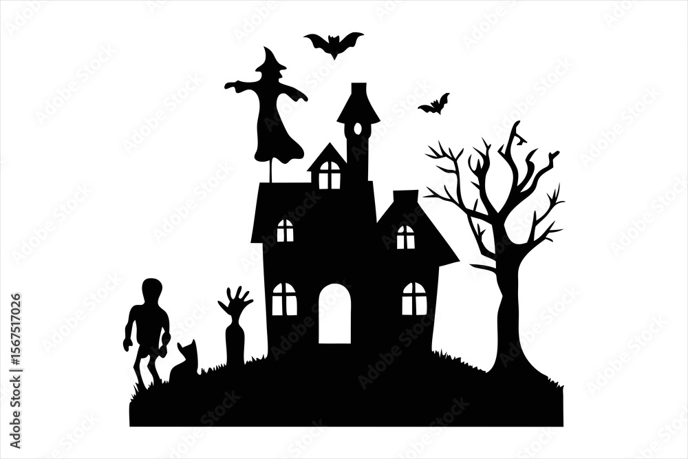 Haunted House and Halloween Elements Silhouettes - Spooky Night Vector Haunted House and Halloween Elements Silhouettes - Spooky Night Vector