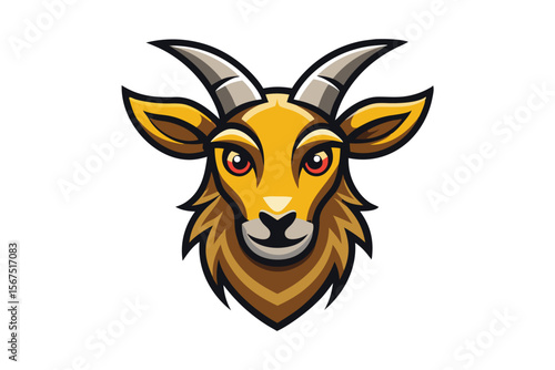 Golden cartoon goat with sharp horns and intense red eyes stares forward