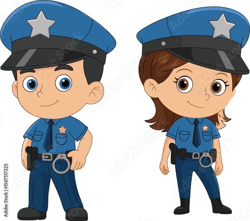 Cartoon boy and girl police officers in uniform, law enforcement characters, cute vector illustration, white background, kids costume concept flat vector illustration
