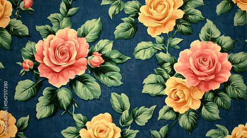 Vintage Floral Pattern with Peach and Yellow Roses on a Textured