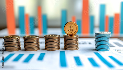 Stacks of Coins and Bar Graphs Illustrate Financial Growth and E