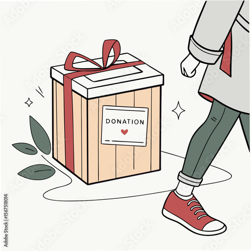 Donation box with ribbon and person walking gift
