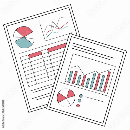 Financial charts and tables with red and teal accents graphs data
