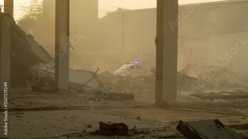 Golden hour illuminates a dilapidated building aftermath with police car arriving