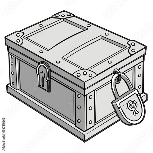 Gray metal treasure chest with padlock locked antique