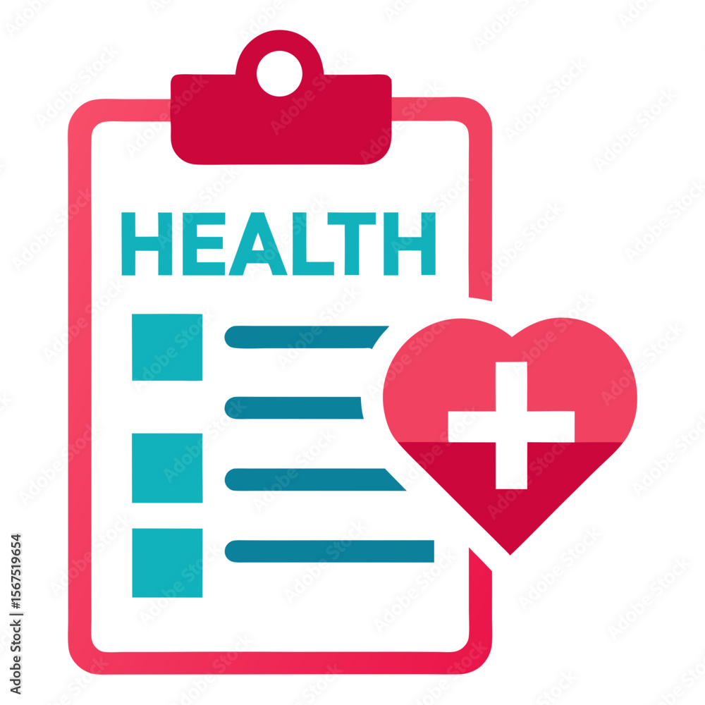 Obraz premium Health record with heart symbol and medical cross list clipboard