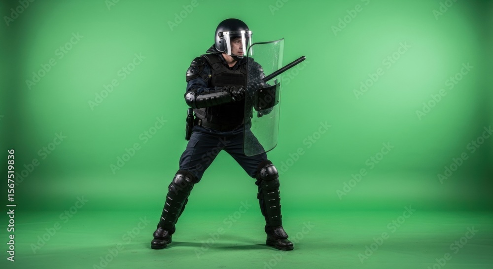 Fototapeta premium A male police officer in riot gear with a shield and bat on a green screen background. Law enforcement concept.