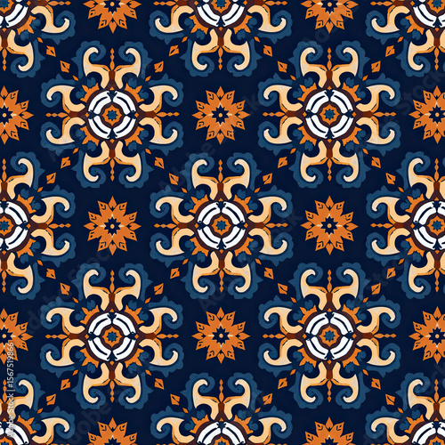 Vibrant seamless folk art pattern featuring orange and beige floral medallions on a dark navy blue background, perfect for bohemian-style textiles or wallpaper.
