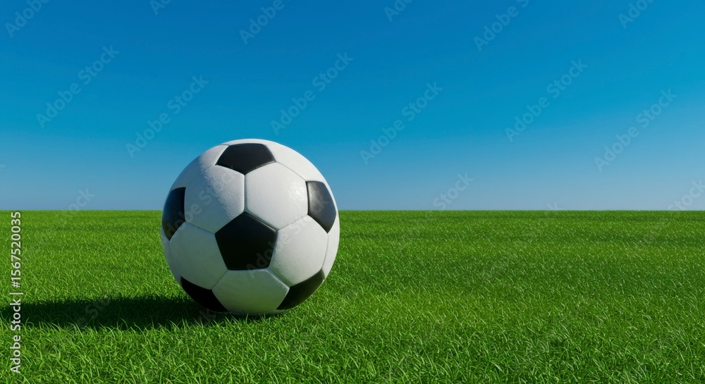 Obraz premium Soccer ball on green grass against blue sky