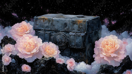 Steampunk Chest Surrounded by Pale Pink Roses Against a Starry N