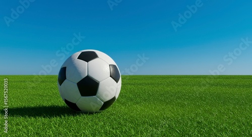Soccer ball on green grass against blue sky