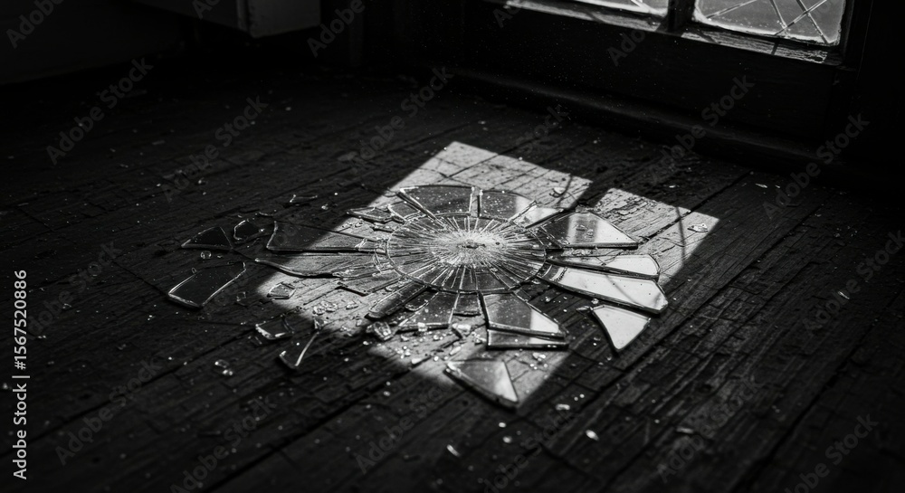 Fototapeta premium Broken mirror shards on a dark wooden floor