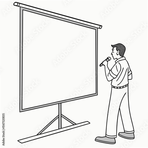 Man speaking into microphone at projector screen presentation