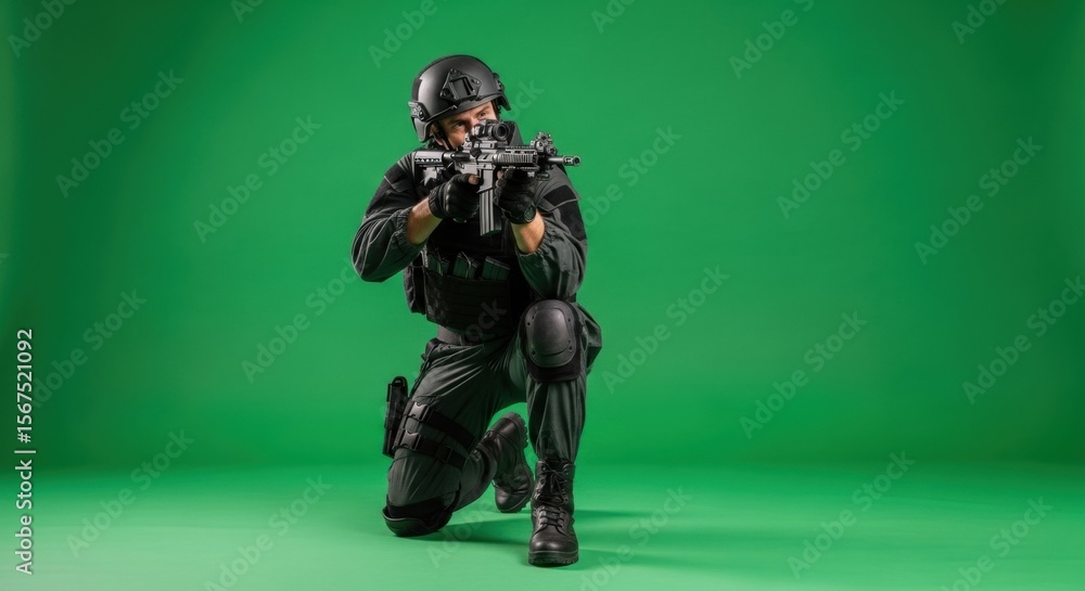 Man, a special forces soldier, aims with a rifle while kneeling against green background. Chroma key screen for military concept. Man, a special forces soldier, aims with a rifle while kneeling against green background. Chroma key screen for military concept.