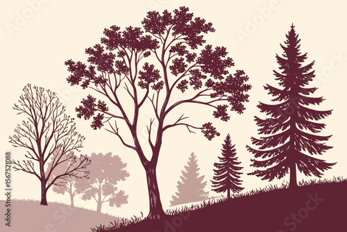 Stylized illustration of a natural landscape with a variety of trees, including deciduous and evergreen, showcasing different seasons and foliage, suitable for environmental themes.