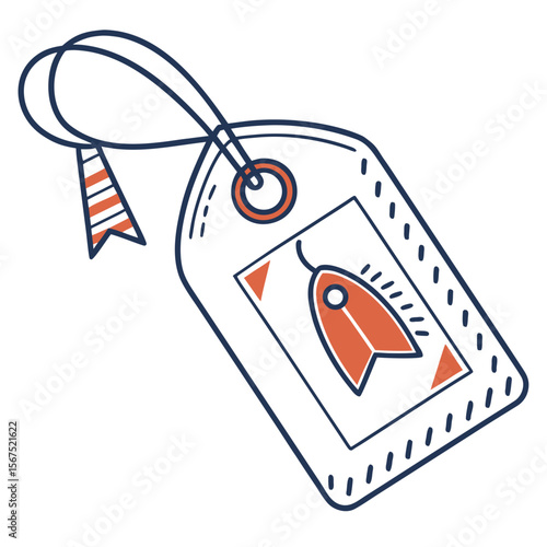 Orange fish with blue string and striped ribbon label