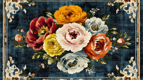 Floral arrangement with roses on a dark blue textured background