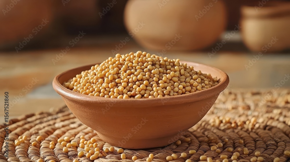 Mustard Seeds in Traditional Bowl on Rustic Wooden Tabletop Mustard Seeds in Traditional Bowl on Rustic Wooden Tabletop