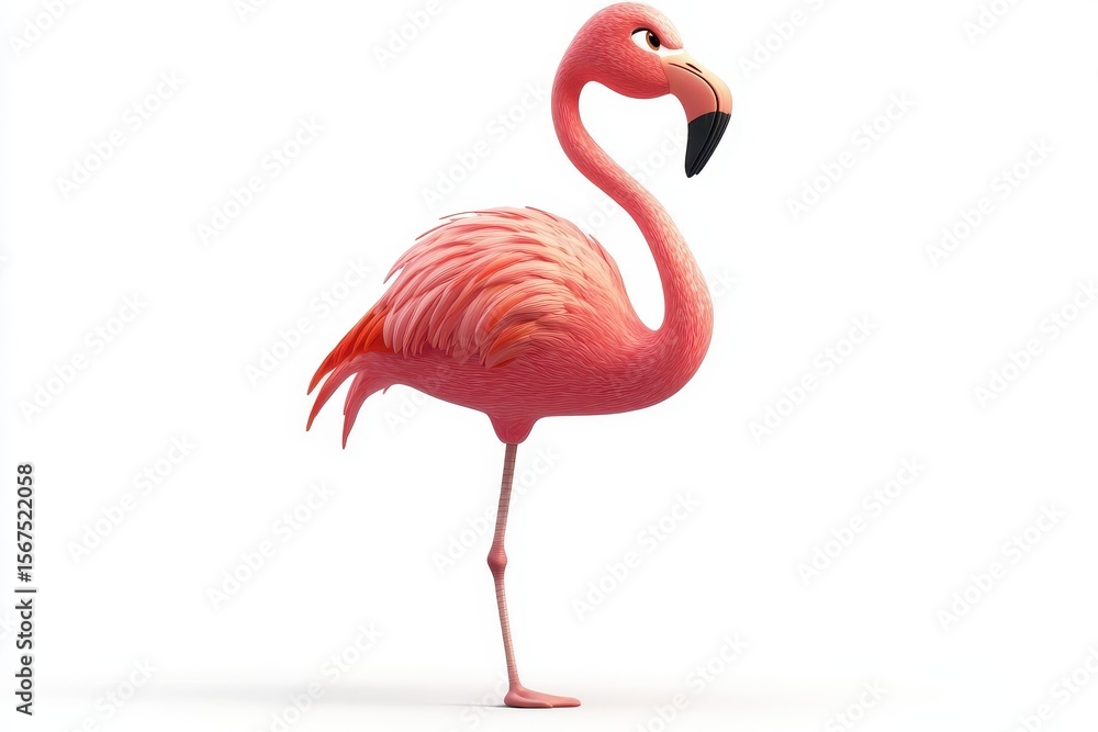 Fototapeta premium Flamingo standing on one leg 3d cartoon character on white background