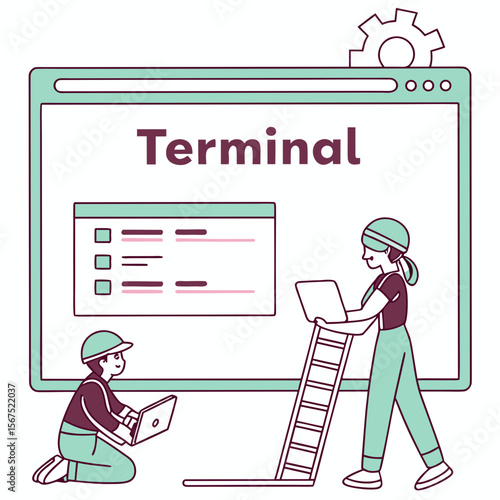 People working on a computer terminal with a gear technology