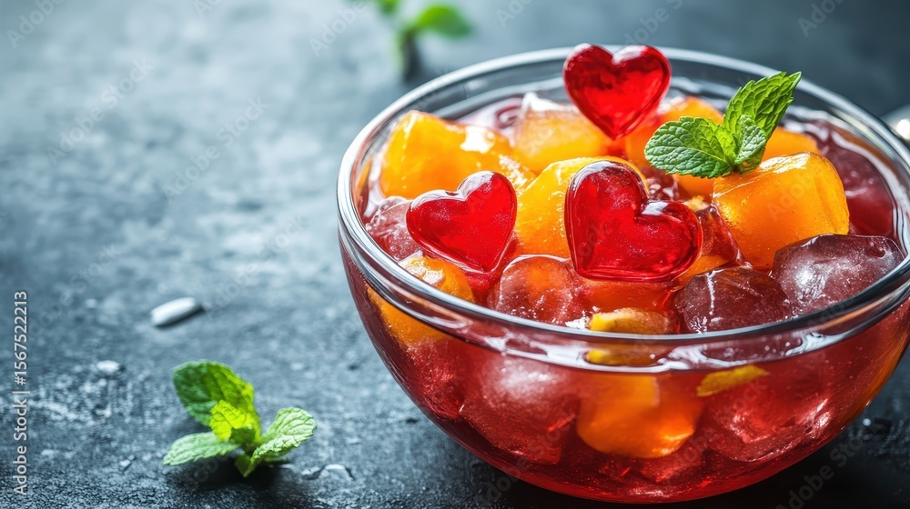 Colorful Fruit Salad with Heart-Shaped Jelly in a Glass Bowl Colorful Fruit Salad with Heart-Shaped Jelly in a Glass Bowl