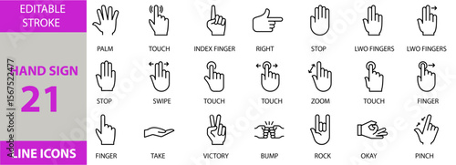 Hand Sign icon set. Containing Vector pictograms of hand gestures, hand signs, icons, gestures, signs, hands, communication, symbols, human, finger, body, stop, click and more. Victor Illustration.