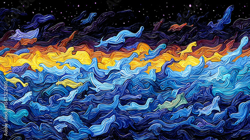 Stylized Night Sky and Water Painting with Ghostly Figures in Mo