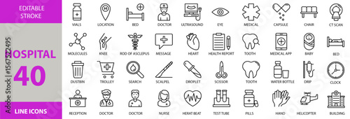 Hospital icons set. Containing Vector pictograms of emergency, ambulance, treatment, medicine, surgery, pharmacy, hospitalbed, stethoscope, thermometer, bandage, injection, heart and more.