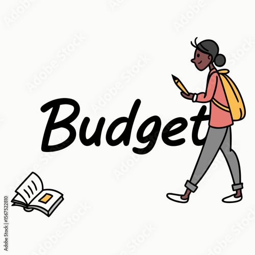 Person with backpack and pencil near open book and word budget planning finance