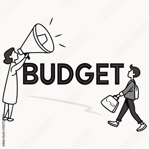 Person with megaphone announces budget to person carrying bag announcement business
